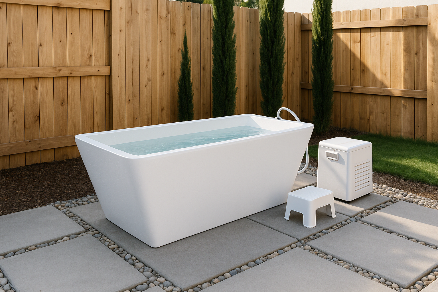 Ceramic cold plunge tub in luxury backyard installation