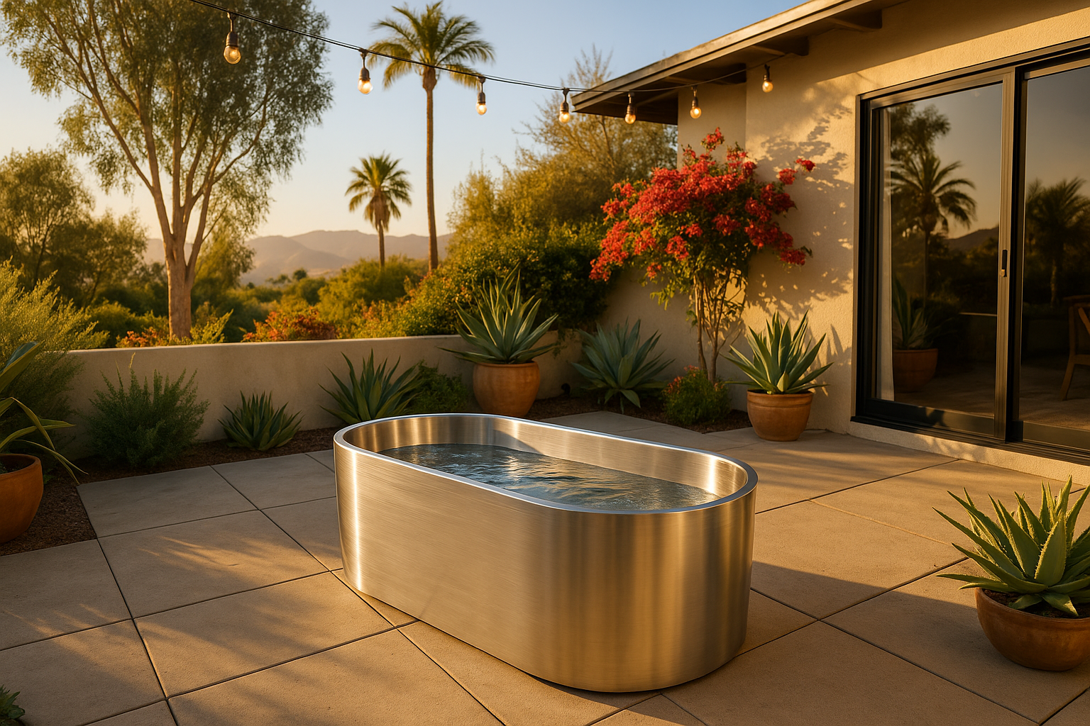 Cold plunge tub in beautiful evening setting with desert landscape and string lights